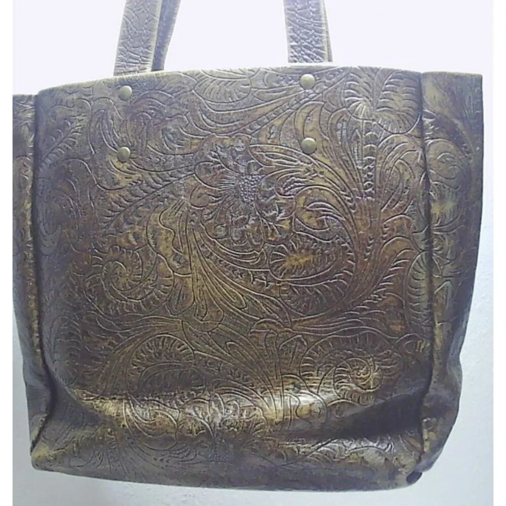 Vtg Handcrafted Embossed Tooled Leather Tote Bag Brown 10x5x10